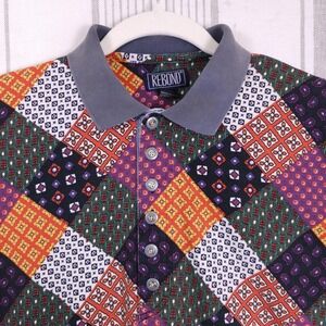 VTG Polo Shirt Womens Large Multicolor Patchwork Pattern Crop Eclectic Grandpa